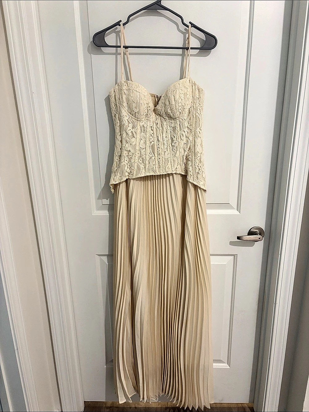 Fashion Nova Daniella Lace Corset Pleated Maxi Dress Lace Maxi Dress in Cream